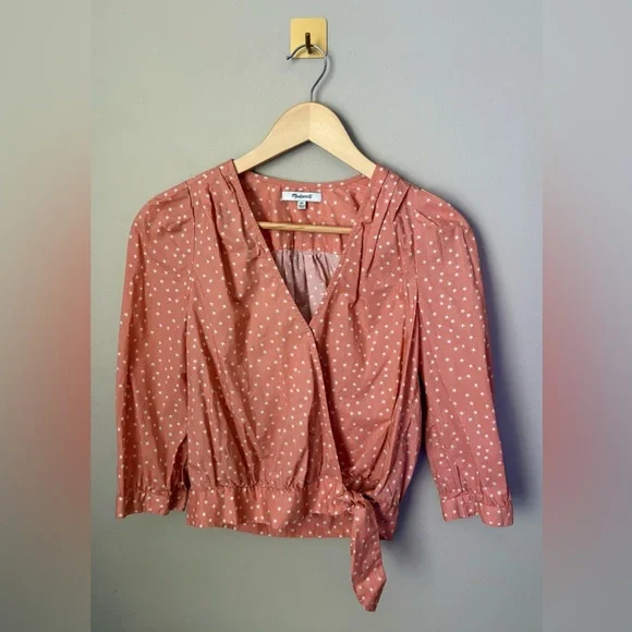 XS Madewell Coral Peach All Over Star Scatter Novelty Print Cotton Wrap Top - Picture 2 of 7